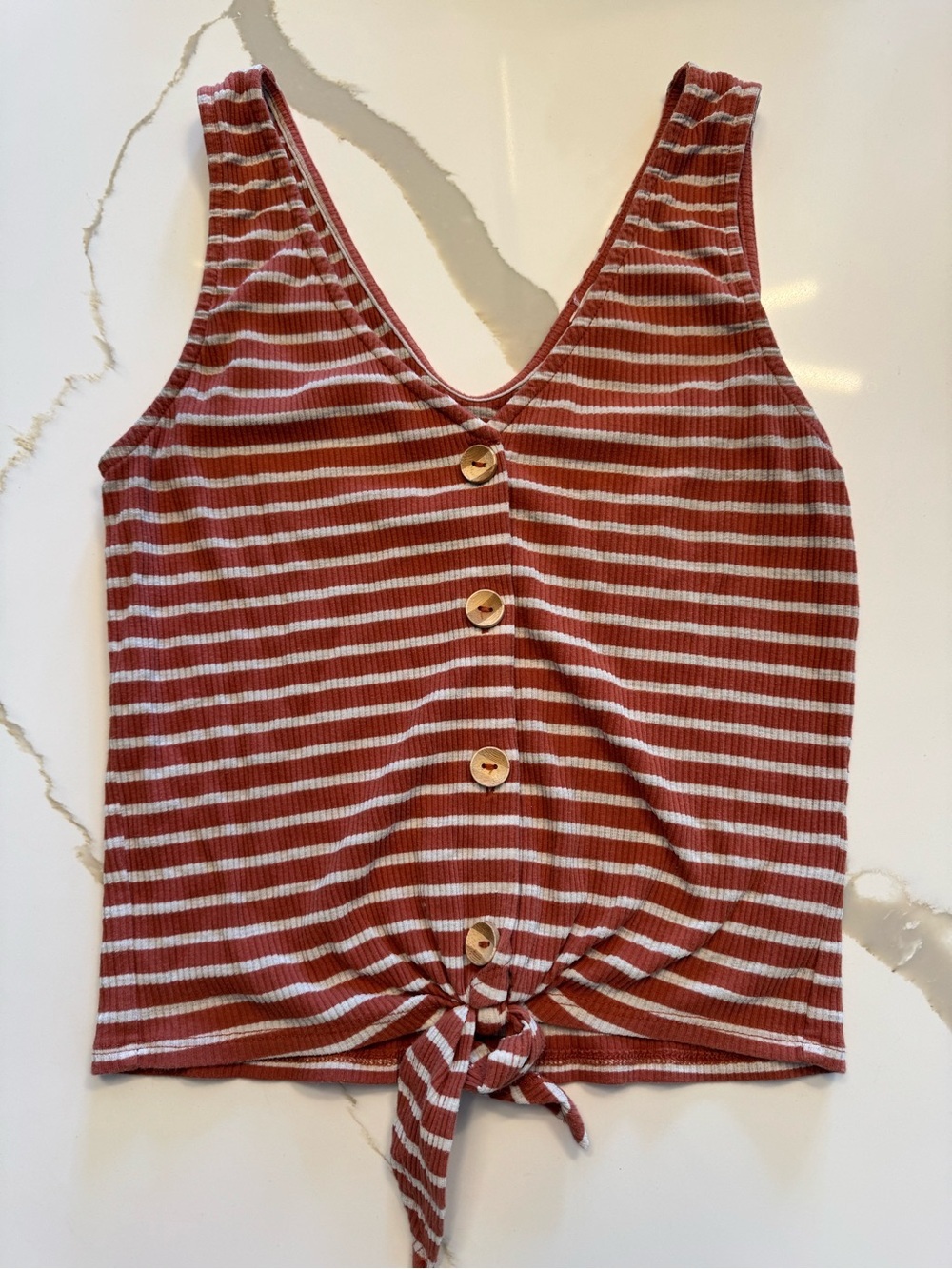 ELODIE Rust Orange Striped Ribbed Button Front Tie Hem Tank Top Size S